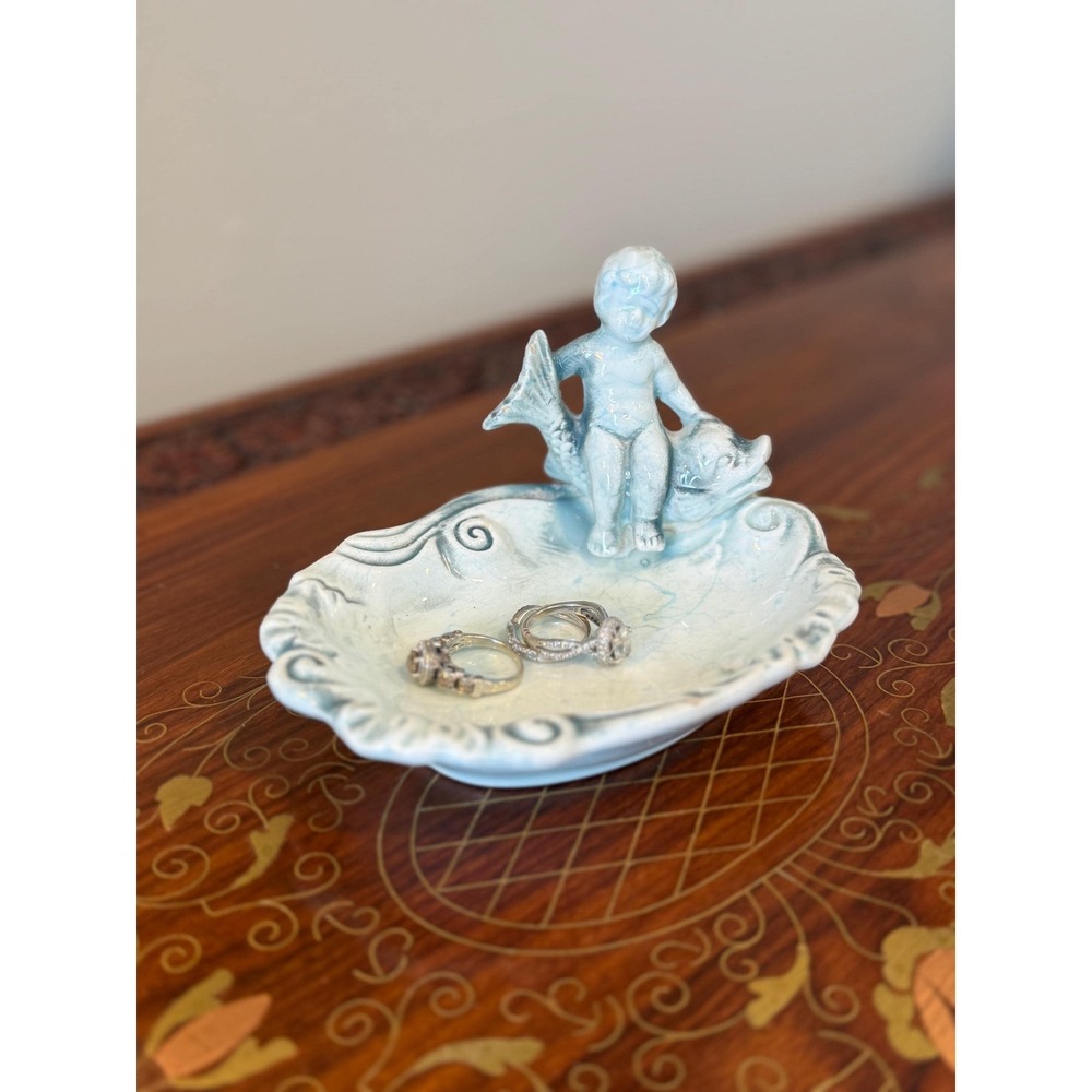 Vintage Cherub & Fish Ceramic Trinket Dish – Soft Blue Crackle Glaze – 5.5"‎